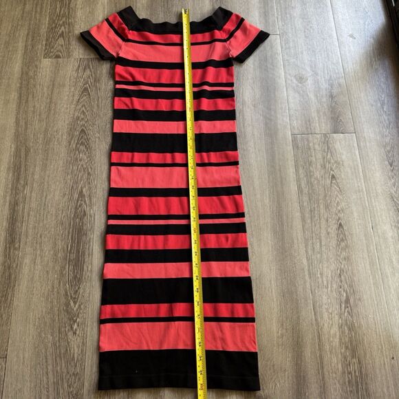 BEBE Dress Size P/S Coral Red Black Stripe Off Shoulder Bodycon Y2K Body Shaping - Picture 3 of 11